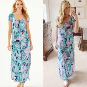 Lilly Pulitzer Nwot Wynne Lookin Sharp Pink/Blue Navy Cap Sleeve Knit Maxidress